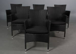 Havemøbler. Seks stabelbare havestole, sort polyrattan, aluminium stel. 6