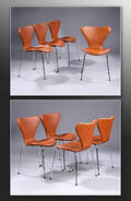 Arne Jacobsen. Et sæt på otte stole Syveren, model 3107, cognacfarvet analin læder, Ny siddehøjde 46,5 cm. 8 