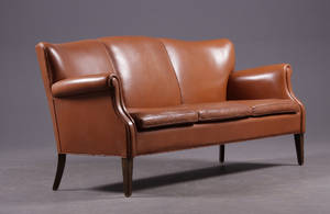Dansk snedkermesterfremstillet tre-pers. Sofa, Brunt læder