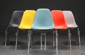 Charles Eames. Sæt på seks skalstole, model DSS 6 Denne vare er sat til omsalg under nyt varenummer 4533529