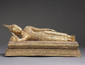 Liggende gylden bronze Buddha, Thailandsk Rattanakosin, tidlig Bangkok-stil