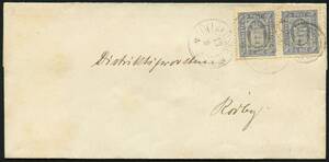 AFA 5a 1875. Tjenestefrimærke, 4 Øre, ultramarin par på brev til RØDBY. Mærkerne annulleret med kombineret LOLLANDKE JB.PK. 