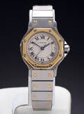 Cartier Santos. Dameur i 18 kt. guld og stål med lys skive, 1990erne  Denne vare er sat til omsalg under nyt varenummer 4894251