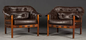 Loungechairs, brauner Lederbezug, Teakrahmen, Coja 2