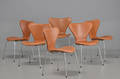 Arne Jacobsen, sæt på seks stole model 3107 polsteret med cognacfarvet  Range aniline læder