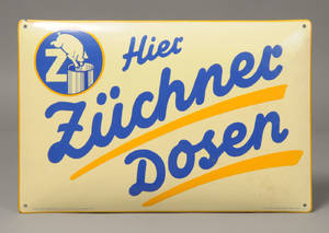 Hier Zücker Dosen. Skilt af emalje.
