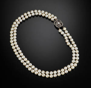 Dobbelt perlecollier med diamantlukke - ca. 1.00 ct.