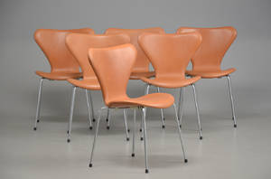 Arne Jacobsen, sæt på seks stole model 3107 polsteret med cognacfarvet  Range aniline læder 6