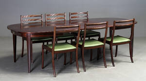 Ole Wanscher. Spisebord med tillægsplader samt seks stole, model PJ 7183 9