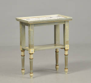 Flisebord af bemalet træ, plade indlagt med hollandske fliser