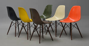 Charles Eames. Sæt på seks skalstole, multicolor, model DSW. 6 