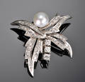 Perle og brillantbroche - ca. 1.00 ct.