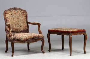 Armstol samt skammel, rokokostil, 1900-tallet 2