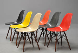 Charles Eames. Sæt på seks skalstole, multicolor, model DSW 6