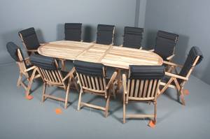 Havemøbelsæt. Stort bord samt ti positions-armstole. Teak. 11