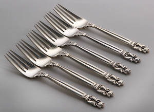 Georg Jensen bestik KongeAcorn. Seks frokostdessert gafler af sterlingsølv 6