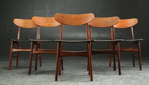 Fem stole, teaktræ og sort skai, dansk møbelproducent 5